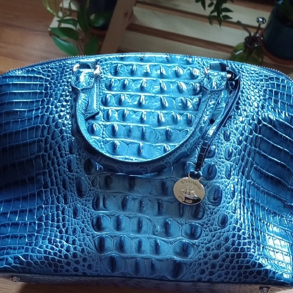 Brahmin Shimmering Blue Embossed Satchel
